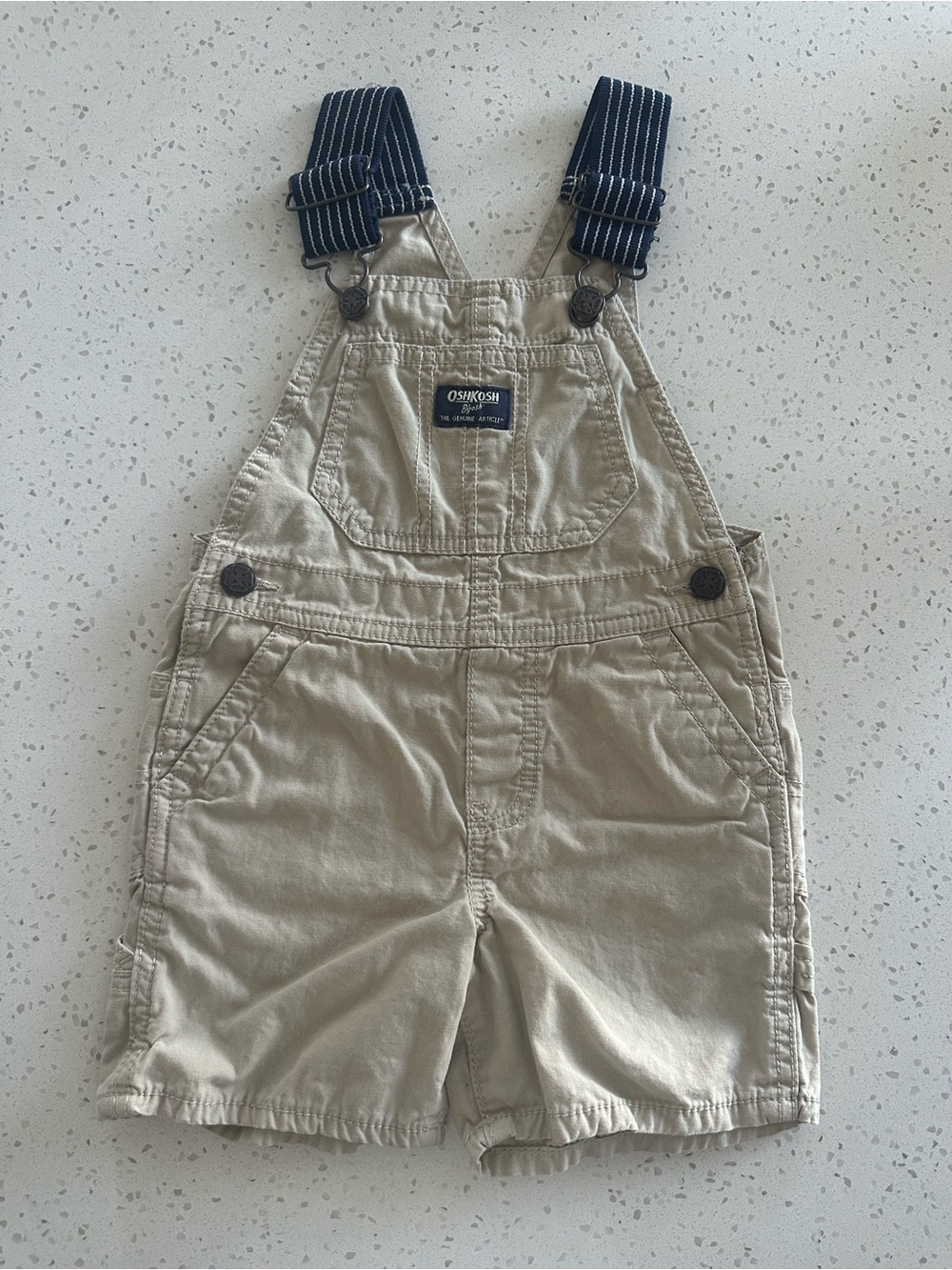 OshKosh B'gosh Toddler Khaki Short Overalls with Navy Straps Size 2T